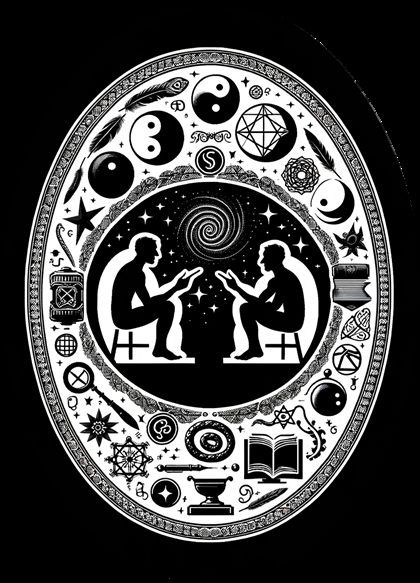 Two people in conversation beneath a constellation